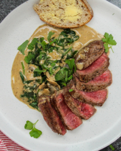 Grass-fed Strip Steak in Spinach and Mushroom Sauce using New Zealand Grass-fed Beef